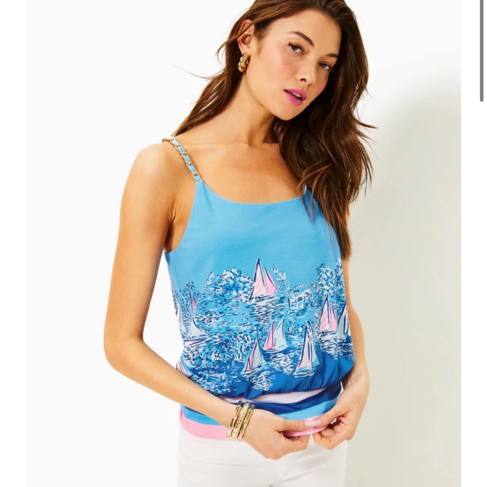 NWT Lilly Pulitzer Lunar Blue A Lil Nauti  Pink Sailboat Cannavale Knit Cami Top